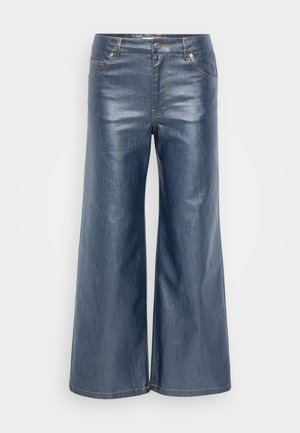 Wijdvallende denimbroek in donkerblauw, met een gladde textuur, vijfzakdesign en contrasterende stiksels. Voorzien van een knoop- en ritssluiting.