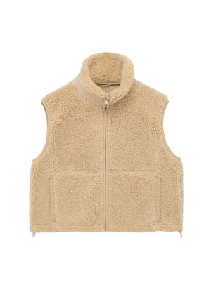 Beige sherpa fleece liivi, jossa on korkea kaulus, täysipitkä vetoketju ja sivutaskut, suunniteltu lämpöä ja rentoa käyttöä varten.