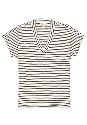 T-shirt blanc à manches courtes col en V avec des rayures horizontales noires et une coupe légèrement ample.