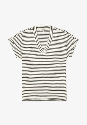 T-shirt blanc à manches courtes col en V avec des rayures horizontales noires et une coupe légèrement ample.
