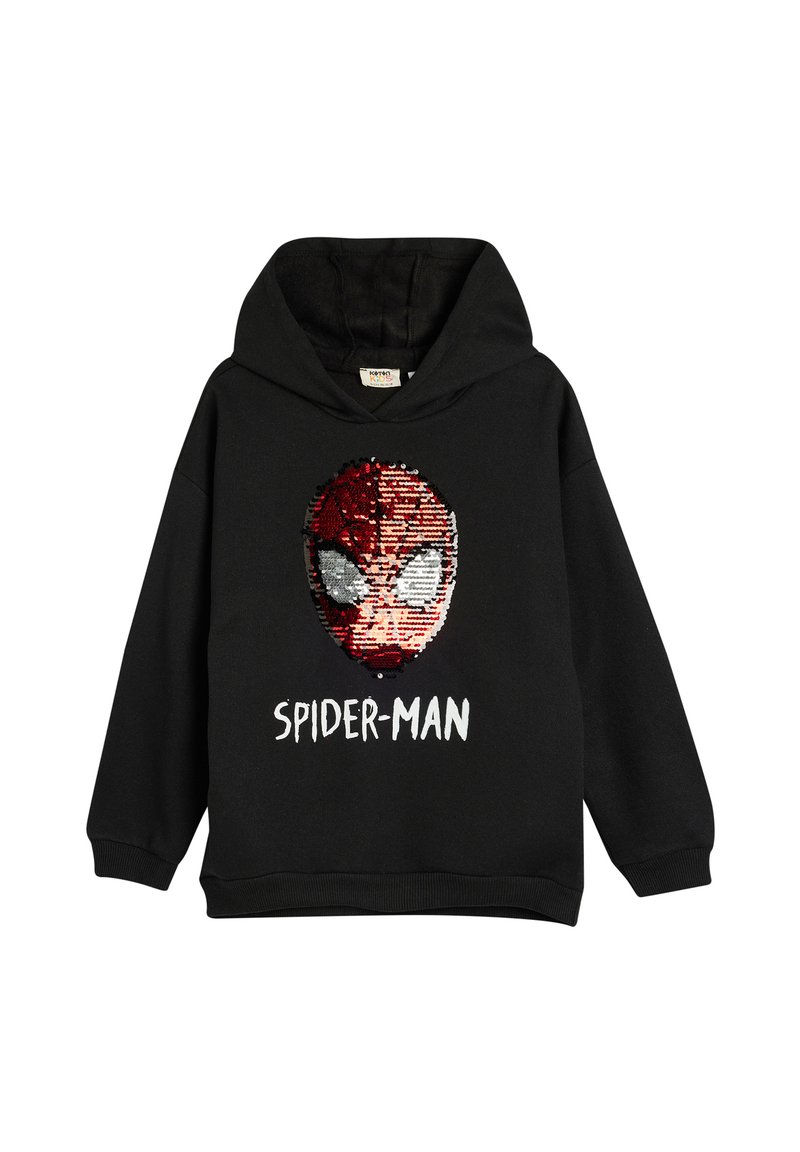 Svart huvtröja med ett stort paljetterat Spider-Man ansiktsmotiv. Har en kenguruficka och ribbad mudd, tillverkad av mjukt bomullsmaterial.