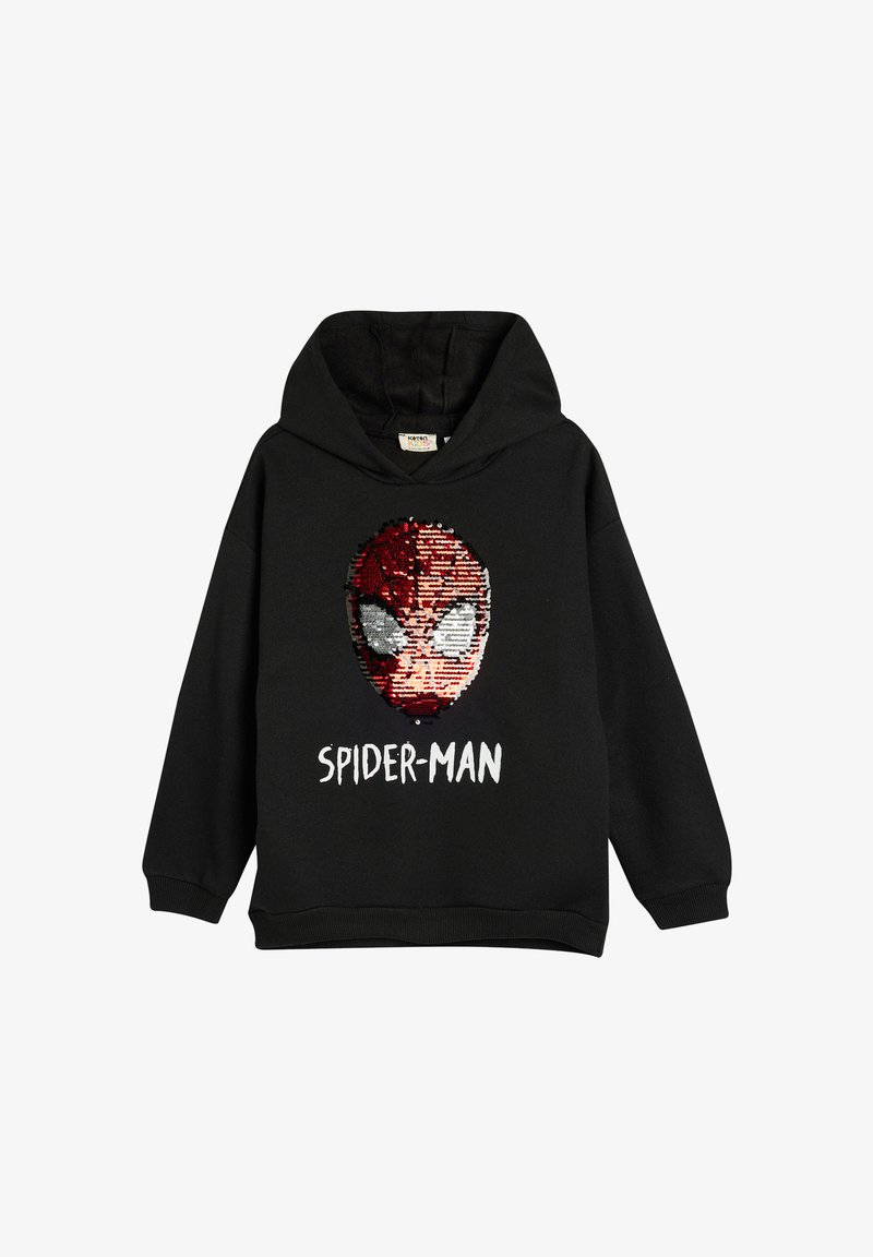 Svart huvtröja med ett stort paljetterat Spider-Man ansiktsmotiv. Har en kenguruficka och ribbad mudd, tillverkad av mjukt bomullsmaterial.