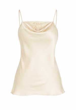 Top camisole in satin crema con spalline sottili e dettaglio in pizzo lungo lo scollo a mantella, mostrato su sfondo bianco.
