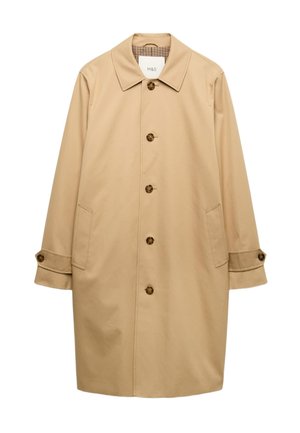 Beige enkele rij knoop trenchcoat met puntige kraag, vijf schildpaddenknopen, manchetten met riempjes en twee zijzakken, halflang ontwerp.