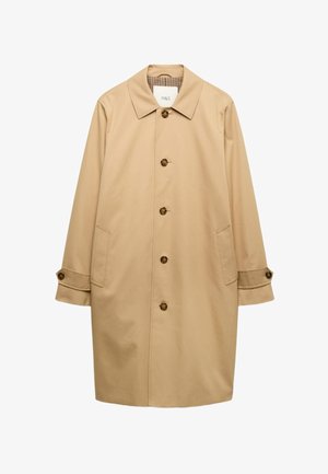 Trench-coat beige à simple boutonnage avec col pointu, cinq boutons en écaille, brides aux poignets et deux poches latérales, coupe mi-longue.