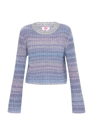 Krochetový styl krátký svetr v gradientních odstínech modré a fialové, s ribovanou strukturou a dlouhými rukávy s kulatým výstřihem.