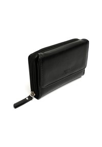 Black leather wallet with a textured surface, zip closure, and a detachable strap. Features a branded logo on the front.