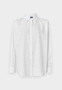 White button-up shirt featuring a subtle tonal logo pattern, long sleeves, and a classic collar. Made of smooth, lightweight material.