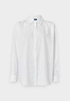 White button-up shirt featuring a subtle tonal logo pattern, long sleeves, and a classic collar. Made of smooth, lightweight material.