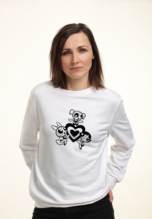 Biała bluza z długim rękawem z czarną grafiką przedstawiającą trzy postacie z kreskówek trzymające czarne serce, z okrągłym dekoltem.