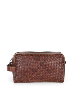 Brown woven leather bag with a rectangular shape, zip closure, and a side handle. Features a textured surface with a braided pattern.