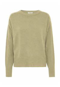 Helles grünes Sweatshirt mit Rundhalsausschnitt, gerippten Bündchen und Saum, verfügt über eine lockere Passform und eine weiche Textur.