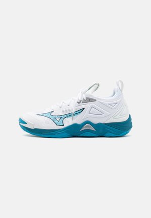 White athletic shoe with turquoise accents, featuring mesh and textured overlays, a cushioned sole, and a pull tab for easy wear.
