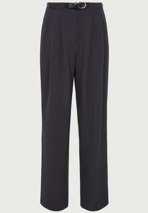 Dark gray high-waist wide-leg pants with front pleats and a slim black belt with a silver buckle.