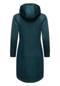 Robe à capuche teal avec de longues manches, texture côtelée, forme légèrement effilée et ourlet arrondi. Cordon de serrage réglable au niveau de la capuche.