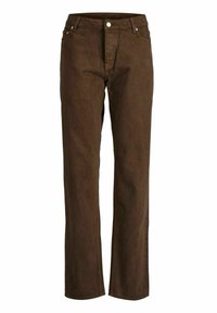 Pantalones de mezclilla marrones con un diseño de pierna recta, que cuentan con un cierre de botón, presillas para cinturón y detalles de costura clásica.