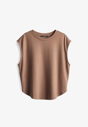 Bruine mouwloze top van gladde stof, met een ronde hals en verlaagde armsgaten, een licht gebogen zoom en een minimalistisch ontwerp.