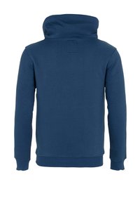 Sweatshirt bleu marine avec col haut, manches longues et poignets côtelés. Texture lisse avec un design simple et sans motifs visibles.