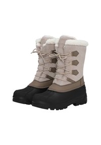 Botas de invierno resistentes al agua con parte superior de ante beige, cuello de pelo sintético en crema y suela de goma negra. Cuenta con un diseño de cordones y ojales hexagonales.