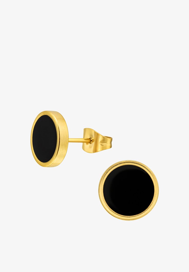 Gouden studoorbellen met cirkelvormige zwarte emaille centra en een gladde afwerking. Inclusief een veilige post- en vlinderhaaksluiting.