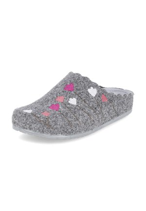 Grauer Filz-Hausschuh zum Hineinschlüpfen mit rosa, roten und weißen herzförmigen Designs auf dem Obermaterial und einer weichen Sohle.