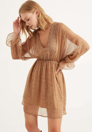 BALLOON SLEEVE V NECK - Vestito casual - light brown