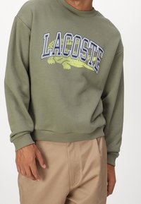 Zielona oliwkowa bluza z ribbanu przy mankietach i dolnym brzegu, z dużym nadrukiem tekstowym "LACOSTE" oraz dużą grafiką aligatora.