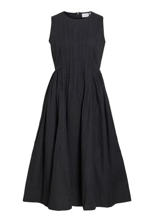 Robe midi noire sans manches avec corsage plissé et jupe froncée, avec un col rond et une fermeture éclair au dos.