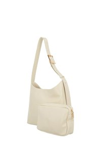 Borsa a spalla in ecopelle beige con pochette zip staccabile, tracolla regolabile e texture liscia. Accentuata da finiture in oro.