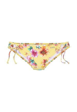Gelber Bikini-Unterteil mit einem lebendigen Blumenmuster in Pink, Orange und Grün. Verfügt über verstellbare Bänder an den Seiten für eine anpassbare Passform.