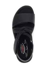 Sandalo nero con suola imbottita, multiple cinghie nere e tomaia in pelle liscia. Presenta un marchio sull'inserto con un design semplice.