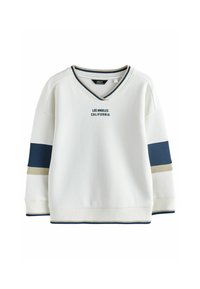 Witte V-hals sweater met marineblauwe en beige accenten op de mouwen, met "LOS ANGELES CALIFORNIA" in donkerblauwe tekst op de voorkant.