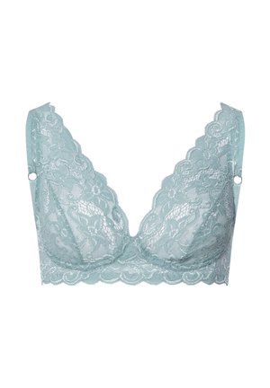 Lace bralette i bløt teal-farge med bølgete design, justerbare stropper og krok-og-løkke-lukking for sikker passform.