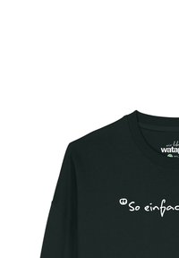 Schwarzes Sweatshirt mit Rundhalsausschnitt, aus Baumwolle. Hat weißen Text mit der Aufschrift "So einfach", der auf der Vorderseite platziert ist.