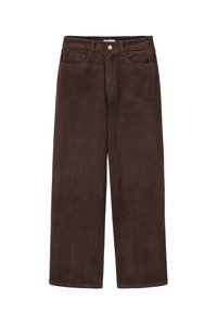 Pantalons en velours côtelé marron à jambe large avec un tissu texturé, présentant une fermeture à bouton, des passants de ceinture et des poches avant.