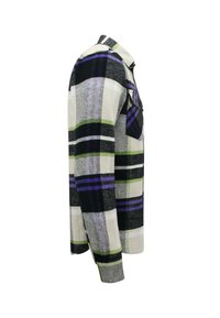 Geruite flanellen shirt met zwarte, witte, paarse en groene kleuren, met lange mouwen en een enkele borstzak. Textuurdesign van de stof.