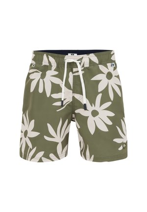 Zwemshorts in olijfgroen met grote off-white bloemenpatronen, een elastische tailleband en een verstelbaar trekkoord met contrasterende uiteinden.
