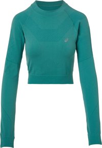 Maglietta a maniche lunghe tagliata in teal, con motivi testurizzati, scollo a girocollo e un design aderente. Include un piccolo logo sulla parte anteriore.