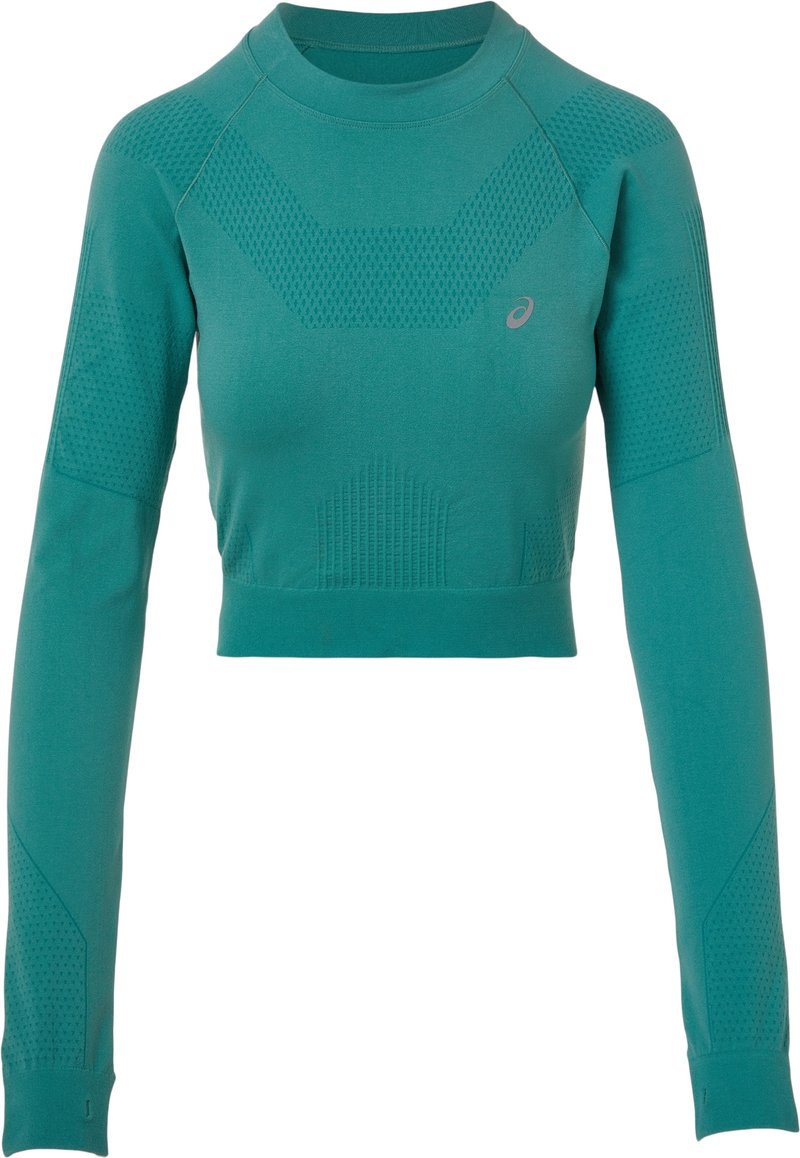Maglietta a maniche lunghe tagliata in teal, con motivi testurizzati, scollo a girocollo e un design aderente. Include un piccolo logo sulla parte anteriore.