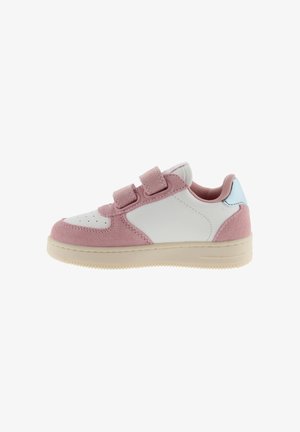Child's sneaker with a white leather body, pink suede accents, two Velcro straps, and a light beige rubber sole. Side view.