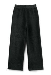 Černé kordové kalhoty se širokými nohavicemi, jemnou strukturou, elastickým pasem a rovného střihu, s jemnými vertikálními pruhy a bez kapes.