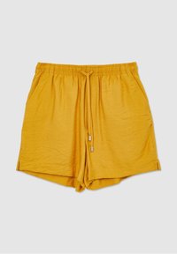 Shorts jaunes à taille élastique avec cordons de serrage et poches latérales, présentés à plat sur un fond clair.