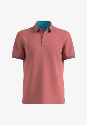 Herren-Poloshirt mit kurzen Ärmeln in staubigem Rosaton, mit türkisfarbenem Besatz am Kragen und an den Ärmeln, mit Knopfleiste und dezentem Brustlogo.