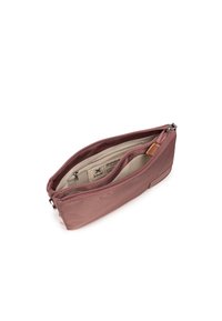 Mauve fabric pouch with a single zippered opening, featuring a beige interior and a small brown leather accent. Smooth texture, sleek design.