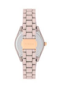 Timex-Uhr mit einem rosa gesprenkelten Resin-Armband, polygonalem Zifferblatt, goldfarbenen Beschlägen und einem runden Gehäuserücken aus Edelstahl.