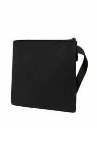 Borsa nera con cerniera realizzata in tessuto resistente. Presenta una robusta maniglia e una texture liscia con una forma rettangolare.