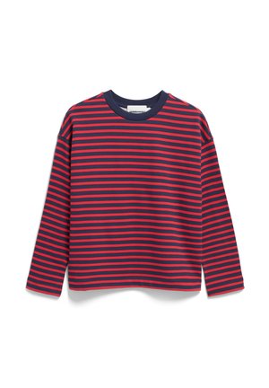Langarmshirt mit horizontalen roten und marineblauen Streifen, Rundhalsausschnitt und lässiger Passform. Hergestellt aus weichem, leichtem Stoff.