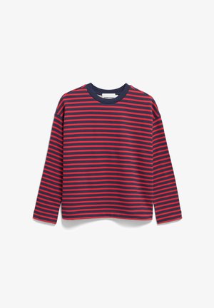 T-shirt à manches longues avec des rayures horizontales rouges et bleu marine, encolure ronde et coupe décontractée. Fabriqué en tissu doux et léger.