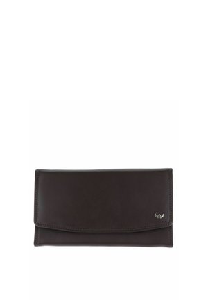 Portefeuille en cuir brun foncé avec une fermeture à rabat et un petit emblème argenté dans le coin inférieur droit, présenté sur fond blanc.