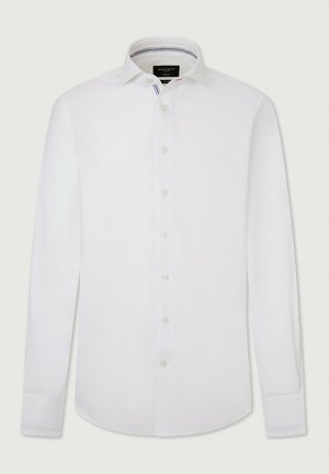 Camicia bianca a maniche lunghe realizzata in cotone, con un design a bottoni sul davanti, colletto classico e tessuto leggermente testurizzato con un accento a righe all'interno del colletto.